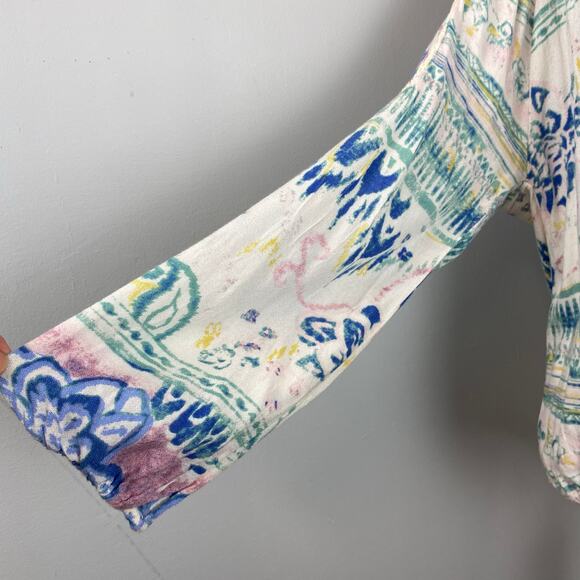 O'Neill Pastel Watercolor Floral Tie Front Boho Scoop Neck Peasant Blouse XL - Picture 3 of 8